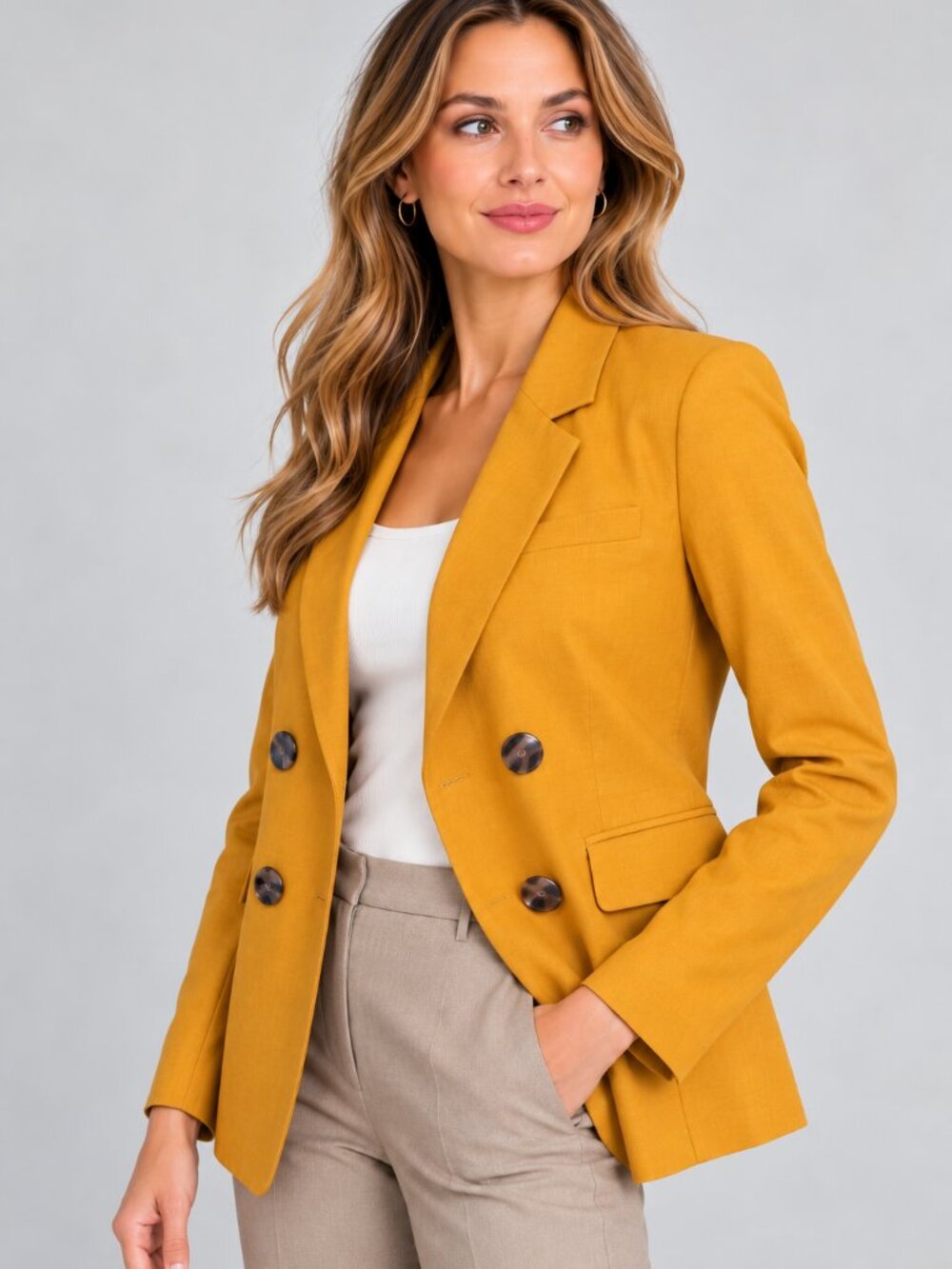 Massimo Dutti Mustard Yellow Double Breasted Blazer Jacket Size 6
